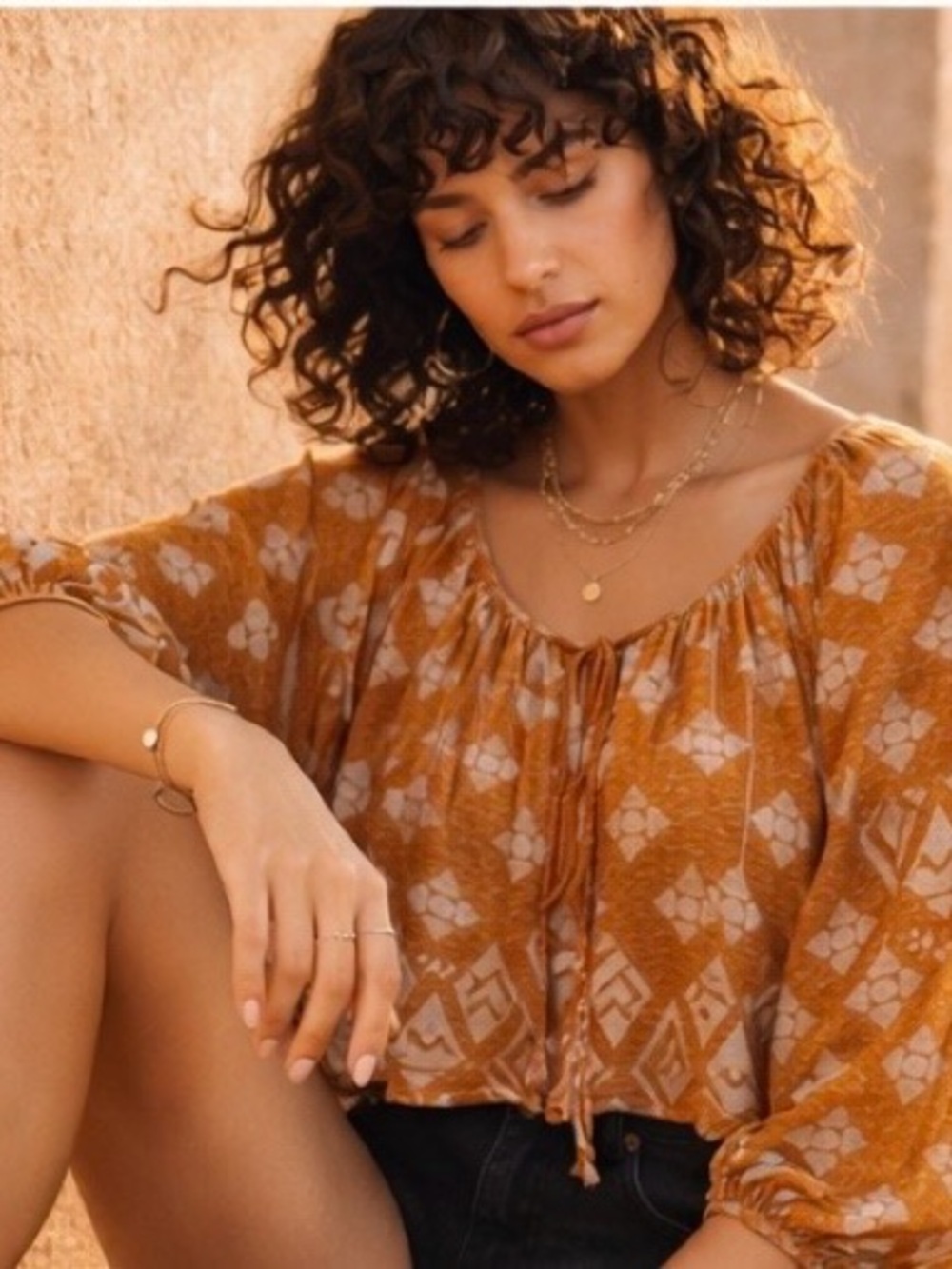 Free People Boho Cropped Blouse | Rust Tribal Print Oversized Top |Festival Chic